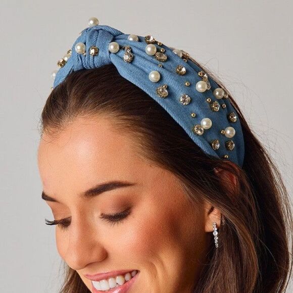 Denim Pearl Knotted Headband - Picture 1 of 6